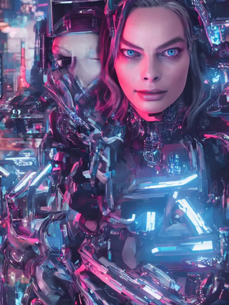 Image similar to margot robbie as a cyberpunk ninja, retro futurism, flashy colors, ray tracing, realistic, rendered in unreal, 8 k, cinematic lighting, highly detailed