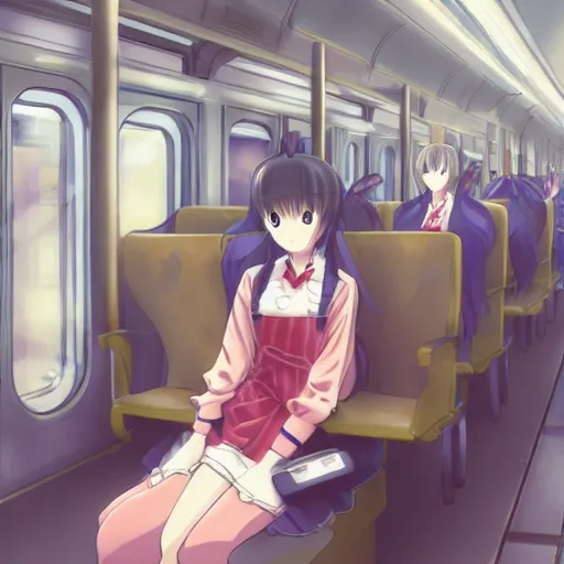 Image similar to portrait of the lone girl sitting in train carriage, anime fantasy illustration by tomoyuki yamasaki, kyoto studio, madhouse, ufotable, trending on artstation