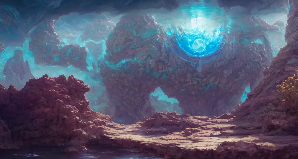 Prompt: a beautiful desert oasis!!!! with crystal clear water with a planet - sized humanoid monster!!!! looking down from the sky, by wlop and peter mohrbacher, extremely detailed shading, concept art, digital painting, trending on artstation, unreal engine 5, octane render, atmosphere, glow, cinematic lighting, full of color