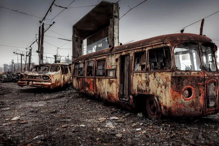 Prompt: low wide angle shot of dilapidated fallout 5, desolate rugged industrial area, few rusted retro futuristic vintage abandoned vehicles like cars, ( ( ( buses, trucks, trams ) ) ), volumetric lighting, photorealistic, foggy, early evening, winter, sharp focus, ultra detailed, 4 0 0 0 k