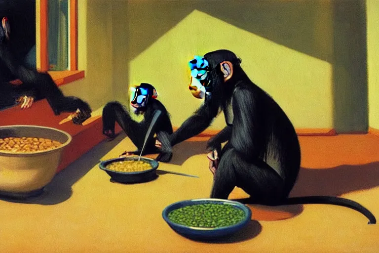 Image similar to a highly detailed painting of chimpanzees cooking lentil dhaal, by Edward hopper