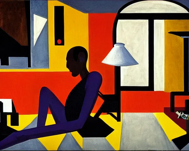 Image similar to a painting of a person sitting in a room, an art deco painting by Jacob Lawrence, featured on pixiv, vorticism, constructivism, surrealist, cubism