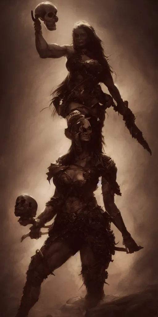 Image similar to a beautiful gorgeous female warrior lady holding a skull in front of her, in a dark setting by Frank Frazetta, atmospheric, trending on artstation, 4K, subsurface scattering, global illumination, cinematic lighting, UHD, HDR