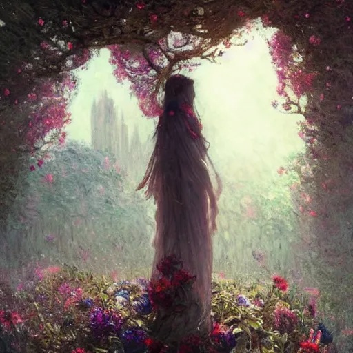 Image similar to a gigantic beautiful terrifying monster made of flowers looms over a tiny human. ethereal horror fantasy art by greg rutkowski and magali villanueve and monet