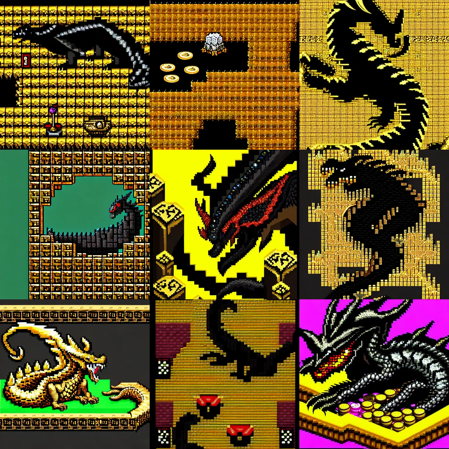 Prompt: a black dragon, sleeping on a hoard of gold in its den. highly detailed 1 6 - bit pixel art of a vibrant cave and treasure of jewels and coins, trending on artstation