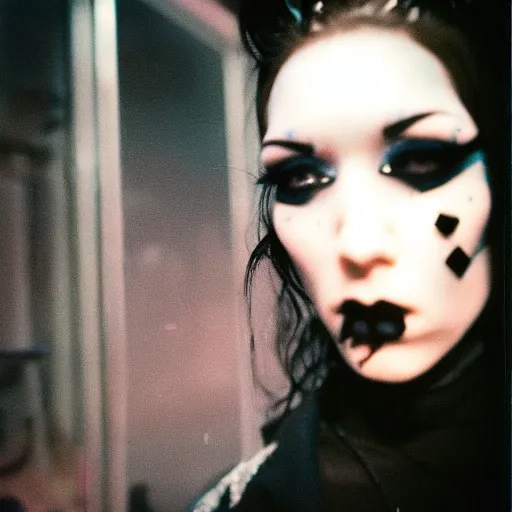 Image similar to cinestill 5 0 d candid photographic portrait by stanley kubrick of a feminine man wearing rugged black techwear and glitter goth makeup looking in the shattered bathroom mirror, cramped new york apartment, medium shot, retrofuturism cyberpunk cinematic, light and shadows, 8 k, hd, high resolution, 3 5 mm, f / 3 2, ultra realistic faces