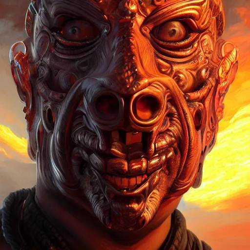 Image similar to Very very very very highly detailed epic photo of face with fiery demonic venetian mask, intricate, dystopian, sci-fi, extremely detailed, digital painting, artstation, concept art, smooth, sharp focus, illustration, intimidating lighting, realistic, incredible art by Artgerm and Vincent di Fate and Anton Pieck