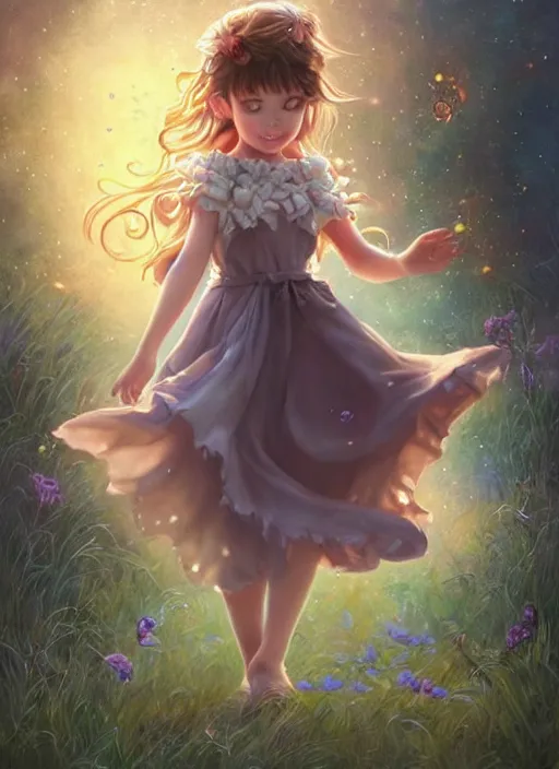 Image similar to A cute little girl with shoulder length curly brown hair with a happy expression wearing a summer dress dancing with fireflies, she is in the distance. beautiful fantasy art by By Artgerm and Hayao Miyazaki, trending on artstation.