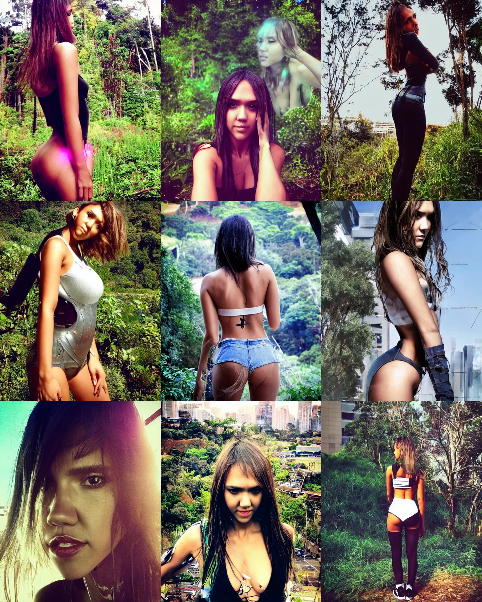 Prompt: ig body portrait of jessica alba cyborg young woman standing from behind, overlooking a future overgrown SF, facing away from the camera, raver girl, pinterest, anime girl,