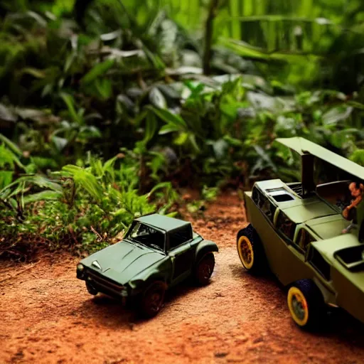 Image similar to 3 5 mm photo of militar car like hot wheels model in jungle as background, on an very epic cinematic