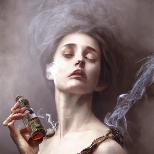 Prompt: full potrait of a woman. woman is draped with bones. woamn is holding broken wine bottle. Smoke effects forms question mark. Digital painting. Art station. Mood lighting. Skindness, highly detailed, concept art, intricate, sharp focus, einar jonsson and bouguereau - h 1200