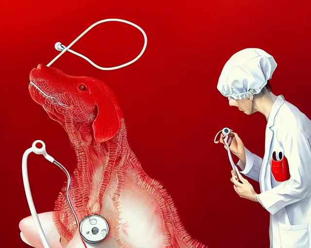 Image similar to art of a wide red pepper wearing a white lab coat and using a stethoscope by artgerm victo ngai ryohei hase artstation.