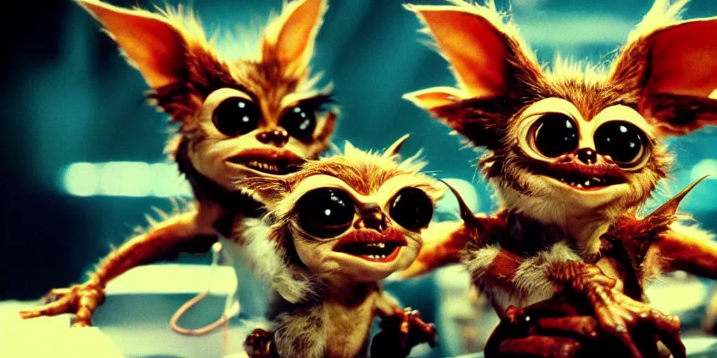 Image similar to Gremlins movie, the gremlins are high on mdma, trending on Artstation, 8K, ultra wide angle, pincushion lens effect
