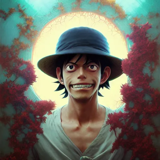 Image similar to highly detailed vfx portrait of monkey d. luffy, stephen bliss, greg rutkowski, loish, rhads, beeple, makoto shinkai, tom bagshaw, alphonse mucha, global illumination, sharp focus, art by artgerm and greg rutkowski, stanley kubrick, best of behance, cinematic lighting