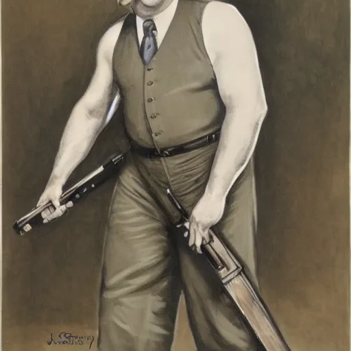 Image similar to gk chesterton with a muscles and a shotgun. portrait by james gurney.