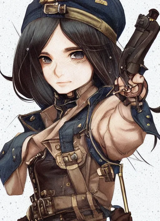 Image similar to girl with steampunk weapons and uniform, smug, finely detailed, made by artgerm, ross tran, full body portrait, illustration, snow, snowing, cloudy, anime, side view, perfect anime face, realistic face, zoomed out, smooth, brown eyes, high waisted shorts