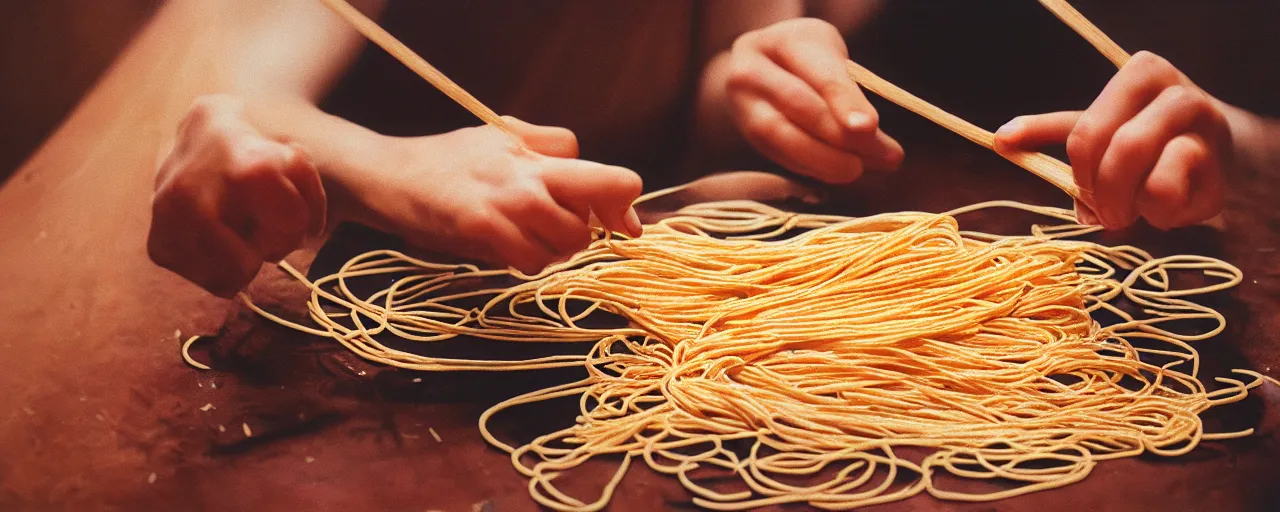 Image similar to an artist painting with spaghetti on a canvas, canon 5 0 mm, cinematic lighting, photography, retro, film, kodachrome, closeup