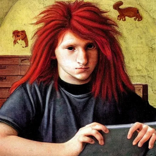 Prompt: a red-haired long-haired teenage boy sitting at a computer, lions around him, painting by Donatello