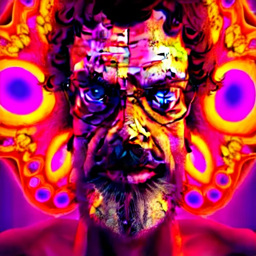 Image similar to terence McKenna posing seductively with psychedelic mushrooms, psychedelic, fractal, cinematic lighting, dramatic, octane render, full body, trending on artstation, perfect facial symmetry, bokeh, 8k, intricate, hyper detailed