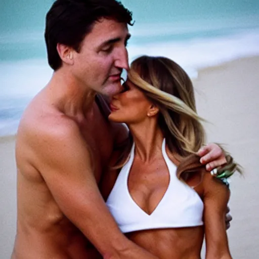Image similar to “Melania Trump wearing bikini kissing Justin Trudeau, 50mm photograph”