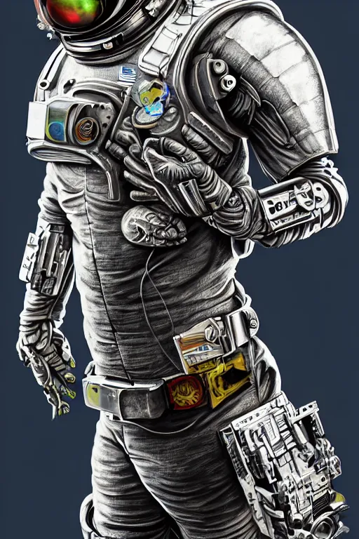 Image similar to a portrait of a muscular anthropomorphic cyberpunk gecko lizard with big head in spacesuit armor with ensignia on chest plate by sandra chevrier, by jon foster, detailed render, pistol in holster, tape deck, epic composition, cybernetics, 4 k realistic, cryengine, realistic shaded lighting, sharp focus, masterpiece, by enki bilal