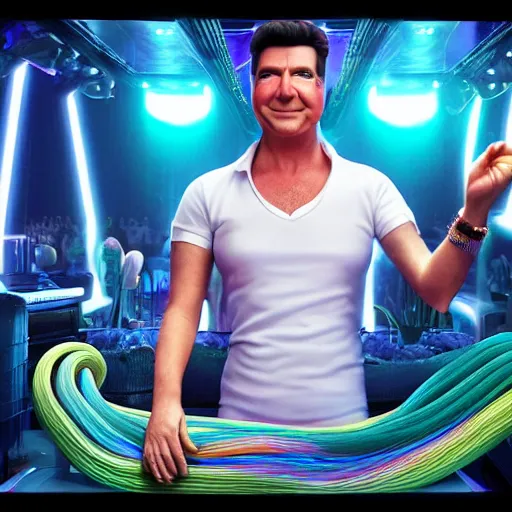 Image similar to photorealistic noodle arm simon cowell. hyperdetailed photorealism, 1 0 8 megapixels, amazing depth, high resolution, 3 d shading, 3 d finalrender, 3 d cinematic lighting, glowing rich colors, psychedelic overtones, artstation concept art.