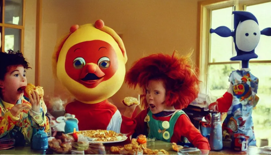 Image similar to 1 9 9 0 s candid 3 5 mm photo of a beautiful day in the family kitchen, cinematic lighting, cinematic look, golden hour, an absurd costumed mascot from the wacky giant face space club show is forcing the children to eat cereal, children are eating way too much cereal, uhd