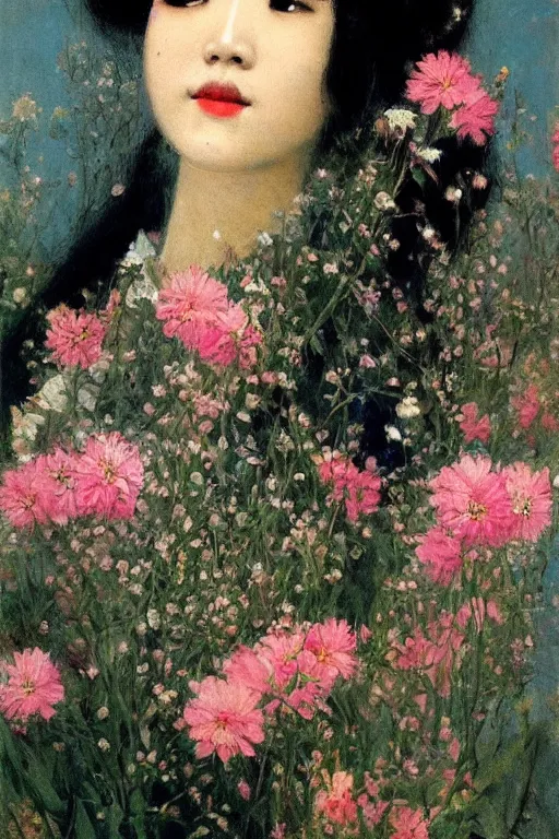 Image similar to close - up fashion asian woman portrait airy flowers clouds art by vasnetsov