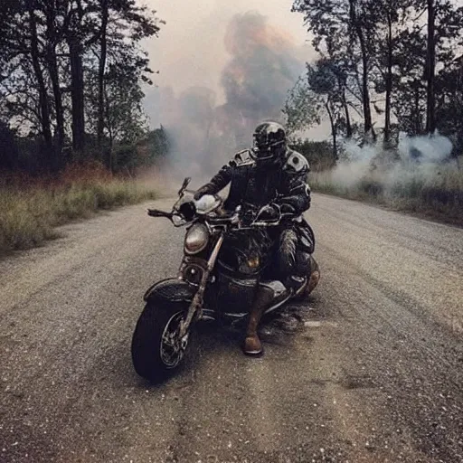 Image similar to “a knight in full armor on a burning motorcycle 🏍 that is one fire in an empty desolate field at nighttime”