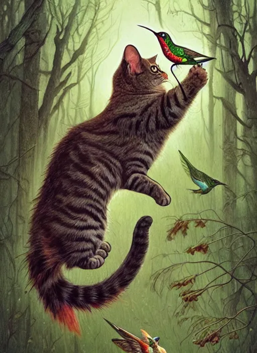 Image similar to a hyper realistic illustrated cat with playing with a hummingbird on its paw in the woods gorgeous lighting, k _ lms lush forest foliage painting by chiara bautista and beksinski and norman rockwell and greg rutkowski weta studio, and lucasfilm