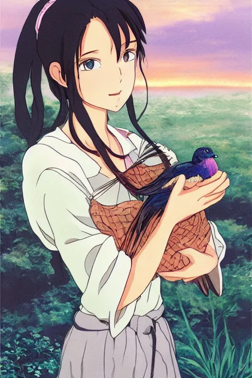 Image similar to young pretty girl holding a bird in her hands, looking touched, Fragile looking character portrait , beautiful scene; highly detailed art, by Studio Ghibli , High contrast, anime art