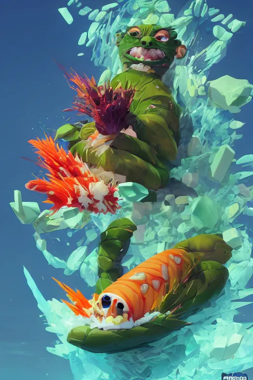 Image similar to 3 d render creature animal sushi cristal eye roots cactus elemental flush of force nature micro world fluo, art gta 5 cover, official fanart behance hd artstation by jesper ejsing, by rhads, makoto shinkai and lois van baarle, ilya kuvshinov, ossdraws