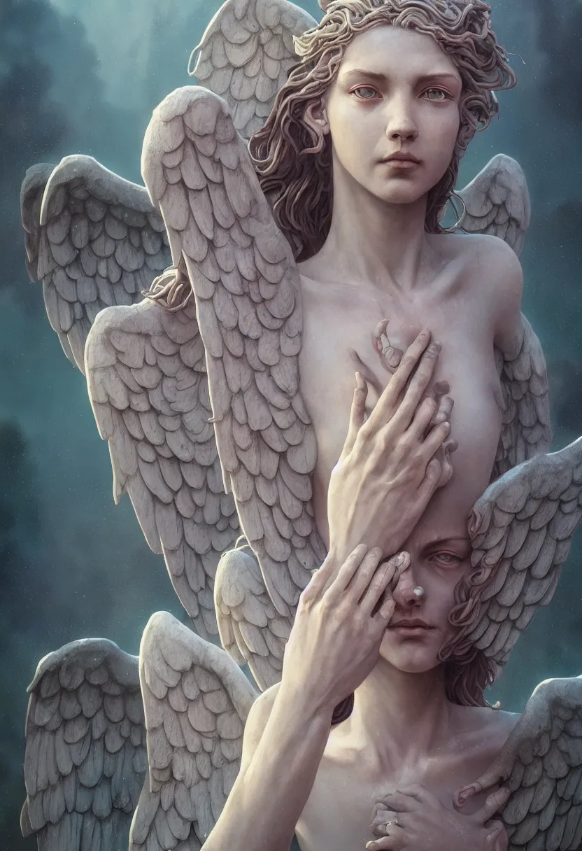 Image similar to beautiful extreme closeup portrait, weeping angels, angel of grief, stone statues, blink, unreal engine, greg rutkowski, loish, rhads, beeple, tom bagshaw, alphonse mucha, global illumination, detailed and intricate environment