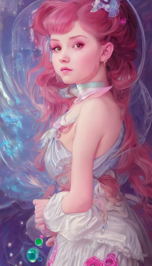 Image similar to portrait of magical lolita girl, dreamy and ethereal, expressive pose, big pink eyes, peaceful expression, , fantasy, intricate, elegant, many rainbow bubbles, rose tones, highly detailed, digital painting, artstation, concept art,cyberpunk dress, smooth, sharp focus, illustration, art by artgerm and greg rutkowskiand alphonse mucha