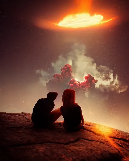 Prompt: couple watching atomic explosion, hyper realism, cinematic shot, dramatic ambient lighting, epic composition, fine details, octane render, 8 k, vibrant colors, depth of field, concept art, digital art, deviantart artstation, extremely detailed, very sharp,