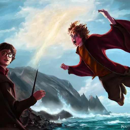 Prompt: Harry Potter having the final battle at the ocean, ArtStationHQ, digital painting, fantasy, anime, semi realism.