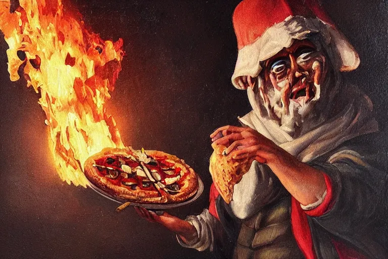 Prompt: a highly detailed oil painting of pulcinella!!! from naples with a pizza!! and lots of fire, a volcano and dark smoke, an ultrafine detailed painting by achille superbi, dramatic lighting, trending on deviantart, sharp focus, octane, masterpiece