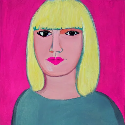 Image similar to portrait of a woman with bangs and blonde hair wearing a pink dress