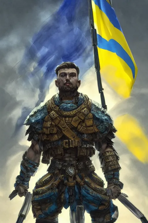 Image similar to a distant shot from below of a Ukrainian super soldier with blue and yellow flag behind him standing alone on a huge pile of skulls posing as a winner, masculine muscular figure, D&D, fantasy, intricate, elegant, highly detailed, extremely detailed, digital painting, artstation, concept art, matte, smooth, hyper realistic, sharp focus, illustration, art by Artgerm and Greg Rutkowski and Alphonse Mucha