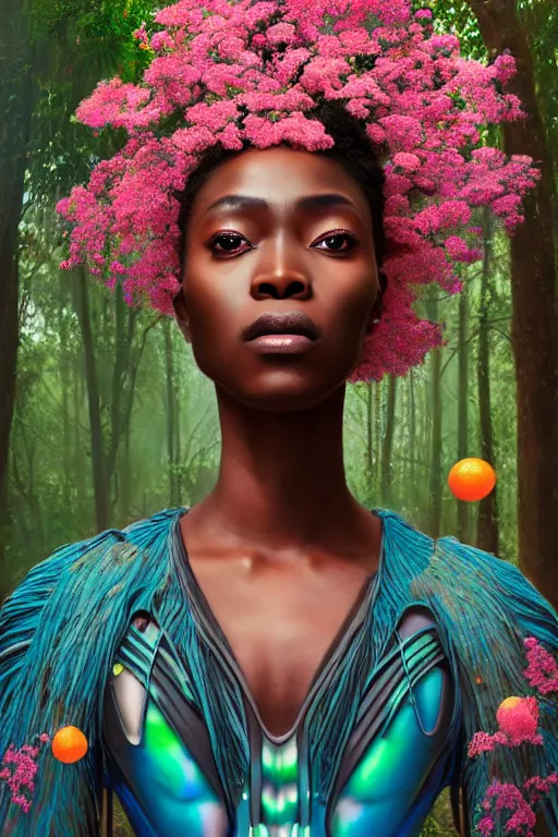 Image similar to hyperrealistic post - renaissance cinematic super expressive! yoruba goddess with exoskeleton armor, merging with tree in a forest, pink orange flowers, highly detailed digital art masterpiece, smooth cam de leon eric zener dramatic pearlescent soft teal light, ground angle hd 8 k, sharp focus