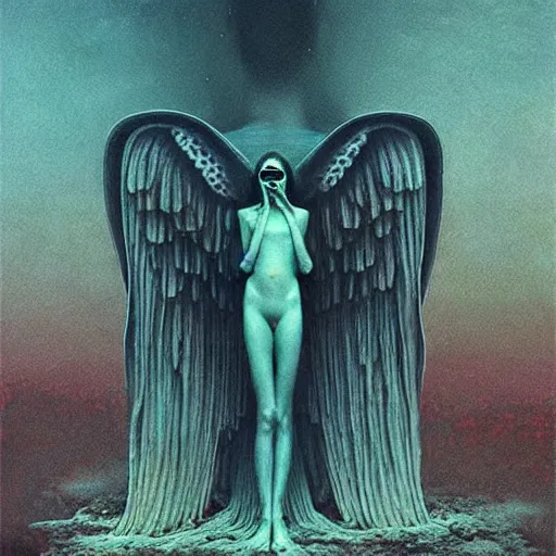 Image similar to angels by beksinski and tristan eaton, dark emotional neon cyber trimmed beautiful dystopian digital art