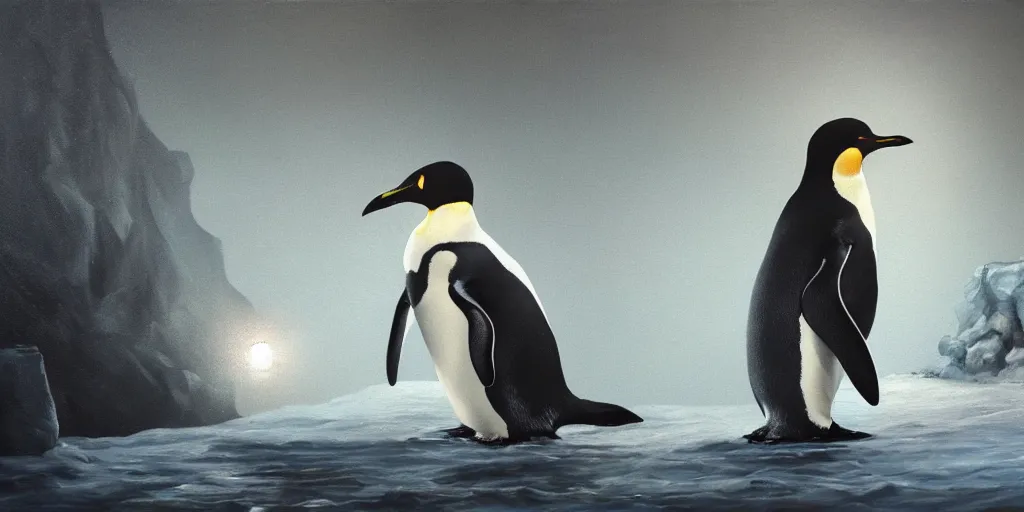 Prompt: a penguin realizing his mortality, cinematic lighting, detailed oil painting, hyperrealistic, 8k