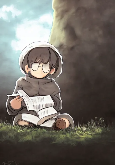 Image similar to beautiful little boy wearing sheep suit reading a book while sitting on chair, gray, blue, green and brown pallet color. made in abyss art style, inspired in kris from deltarrune, cute detailed artwork, anatomically correct, soft details, ilya kuvshinov, reflection, perfect composition, mobile wallpaper, illumination, helltaker