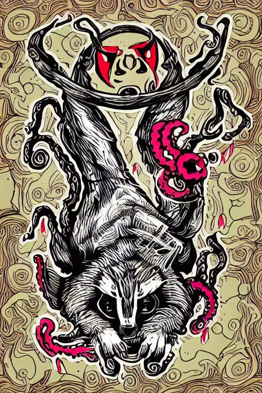 Image similar to Racoon with tentacles, the devil, sticker, blood thirsty, spawn of Satan, burning in hell, blood, evil, colorful, illustration, highly detailed, simple, smooth and clean vector curves, no jagged lines, vector art, smooth