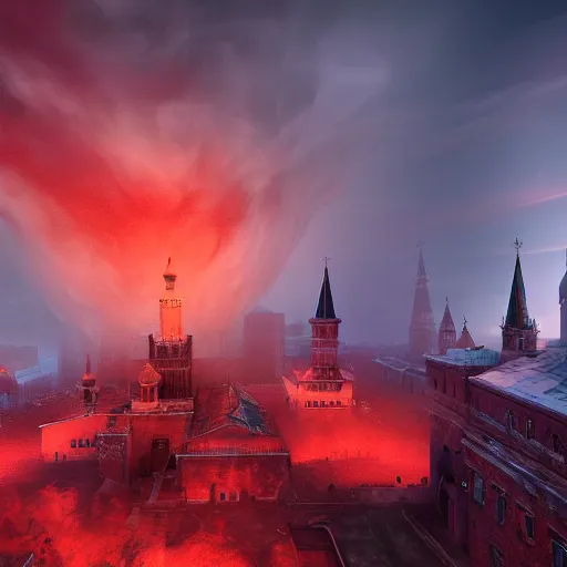 Prompt: a big explosion with clubs of smoke in the form of cotton plant in Red Square Kremlin, dynamic lighting, cinematic, extremely high detail, photo realistic, cinematic lighting, post processed, concept art, artstation, matte painting, unreal engine 8k