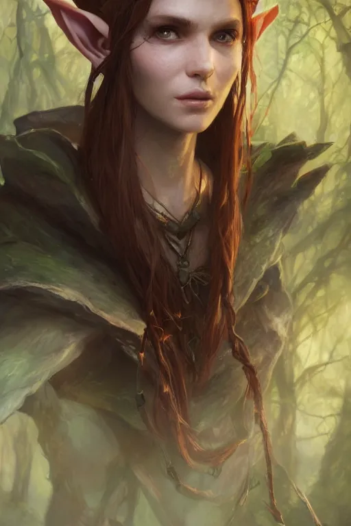 Image similar to dungeons and dragons forest elf character closeup portrait, dramatic light, dungeon background, 2 0 0 mm focal length, painted by stanley lau, painted by greg rutkowski, painted by stanley artgerm, brom, digital art, trending on artstation