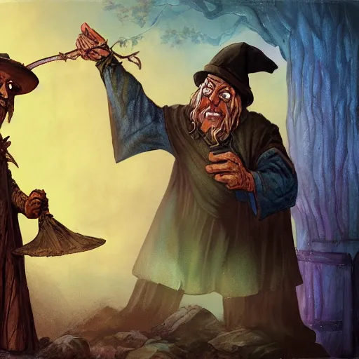 Image similar to Chawick the Fail Wizard, a ponce wizard's apprentice in ragged and stained wizard's robes and hat. 8k resolution, full-length portrait, digital painting, fantasy art, D&D character art, greg rukowski, frank frazetta, larry elmore.