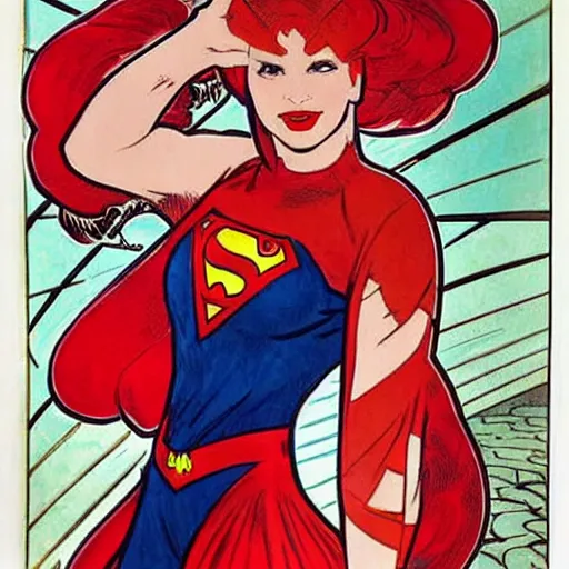 Prompt: a woman with red hair. she is a superhero, wearing a superhero costume. well composed, clean elegant painting, beautiful detailed face. comic book art by steve ditko and jack kirby and ( alphonse mucha )