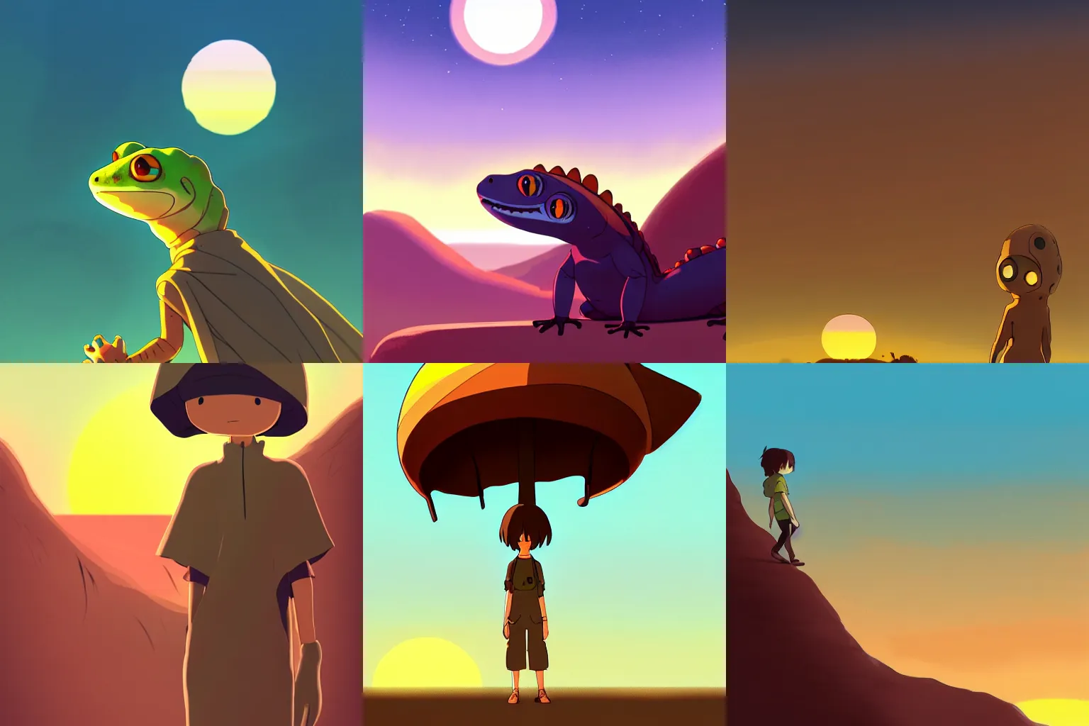 Prompt: anthro gecko, cartoon, large friendly eyes, wearing desert poncho, concept art, character illustration, sunset, deserted planet, studio ghibli, makoto shinkai.