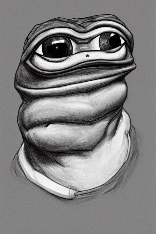 Image similar to portrait drawing of pepe the frog, ultra detailed highly realistic, trending on artstation, rule of thirds, extreme high detail, soft lighting, rim light, volumetric lighting and effects,